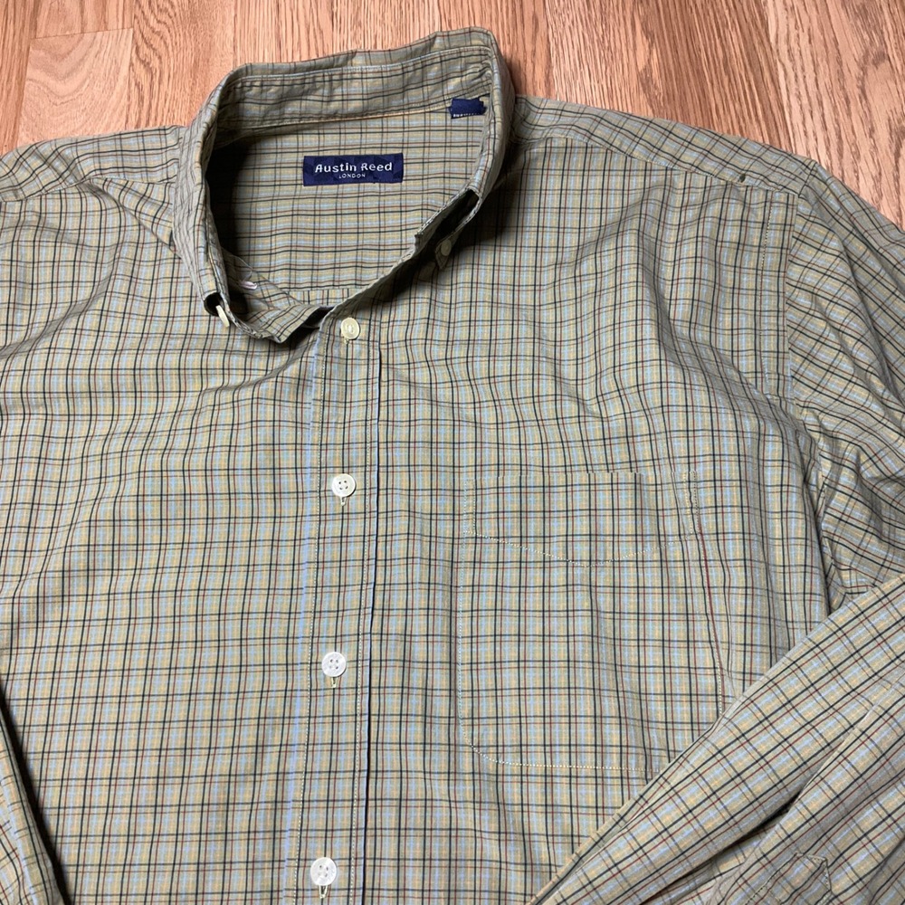Austin Reed London Mens L Plaid Cotton Button Down Shirt Green Tan Long Sleeve